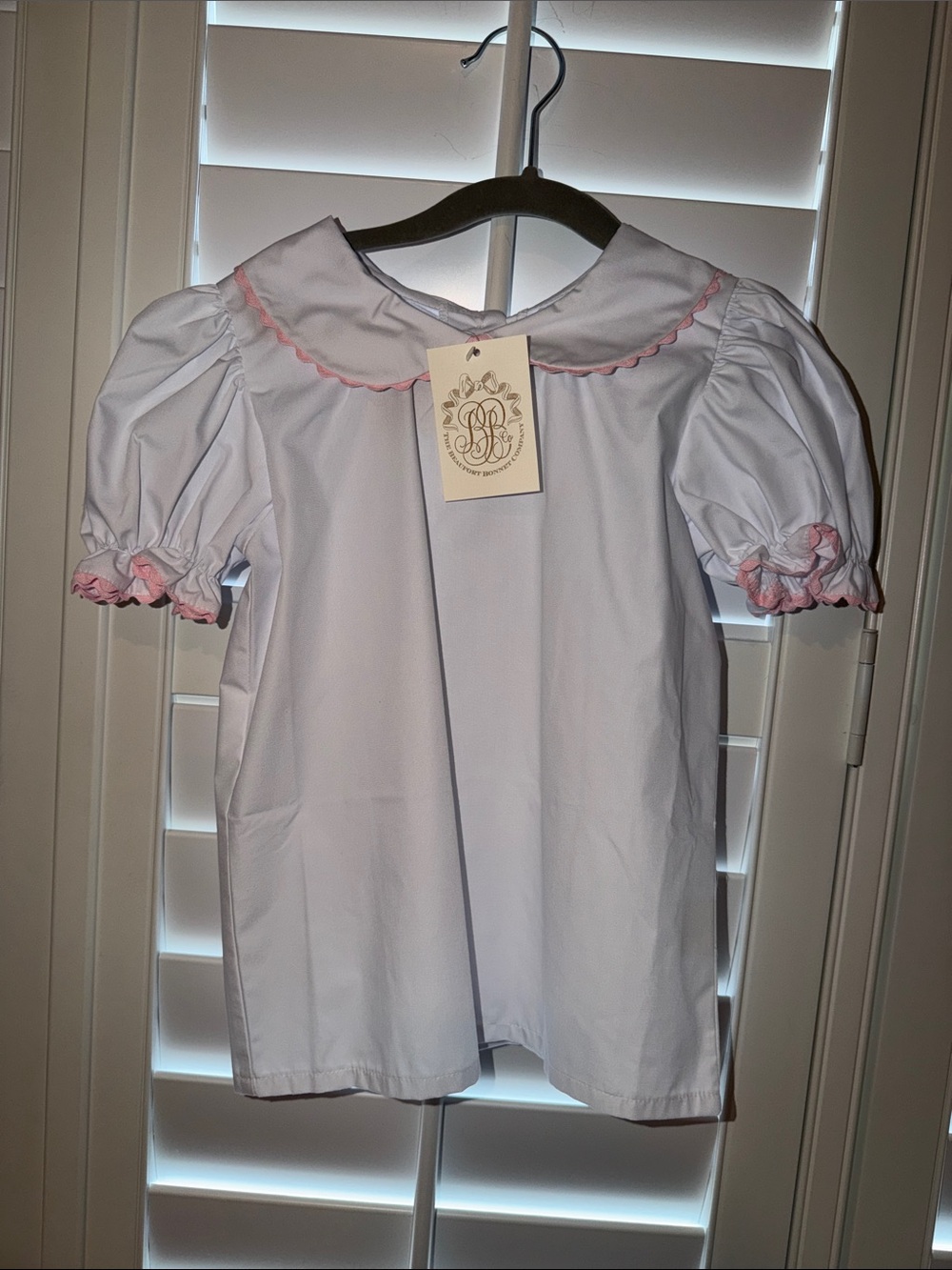 The Beaufort Bonnet Company White Blouse with Pink Trim - Girls Puff Sleeve Top